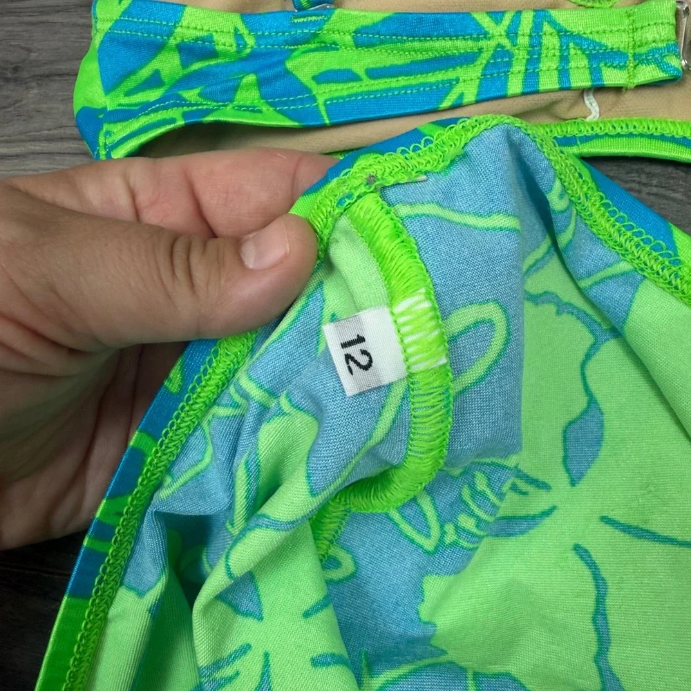 Speedo Girls 3 Piece Y2K Swim Set Bikini Rashguard Cover Up Floral Blue Green 12